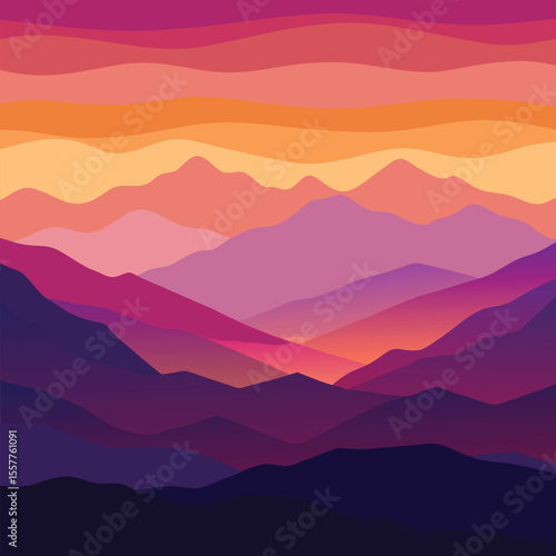 A multi-layered silhouette of mountains in shades of purple, pink, and orange, creating a parallax effect.