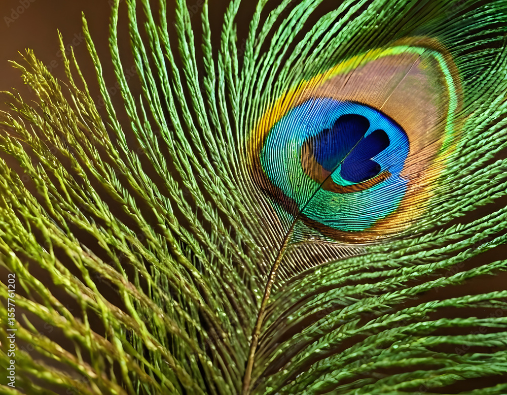 Obraz premium Abstract peacock feather, macro close up. Vivid exotic bird feather texture background. close-up of peacock feather background