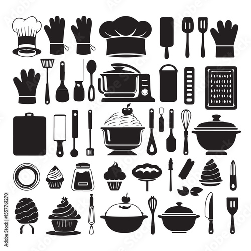 Collection of black silhouette kitchen utensils and baking items on a white background