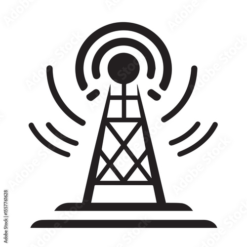 Black silhouette of a radio tower broadcasting signals on a white background