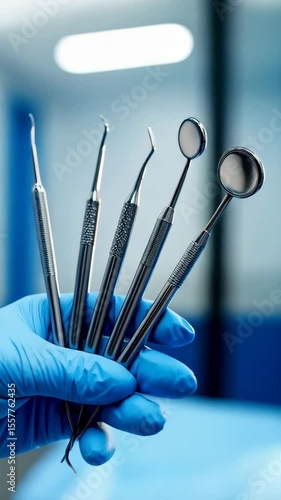 A gloved hand holds dental instruments in a bright dental clinic, ready for a hygiene or surgical procedure