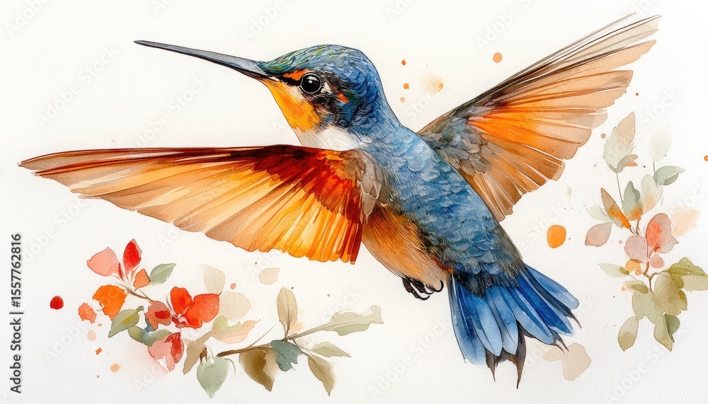 Obraz premium Detailed watercolor hummingbird in flight, vibrant colors