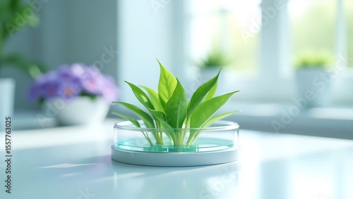 Vigorous green plants miraculously grown in a Petri dish in a geneticist breeder's laboratory. Bioengineering. Modern scientific achievements of agrobiology New technologies are creating new varieties