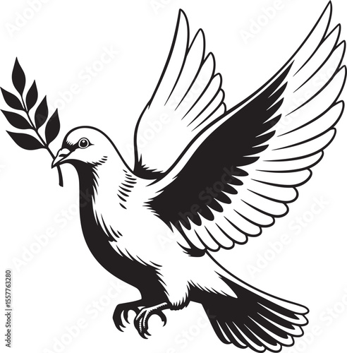 Symbolic black and white dove of peace in flight.