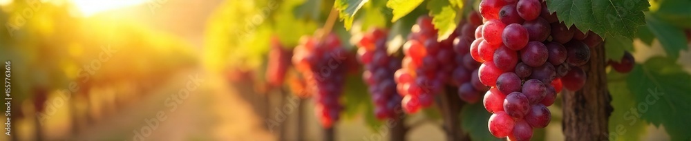 Fototapeta premium Sun-Drenched Autumn Grapes Hanging Heavy on the Vine, Ready for Harvest in a Lush Vineyard