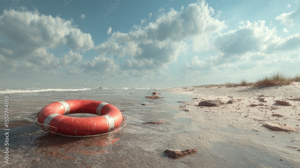 Obraz premium Orange lifebuoy resting on sunny beach sand