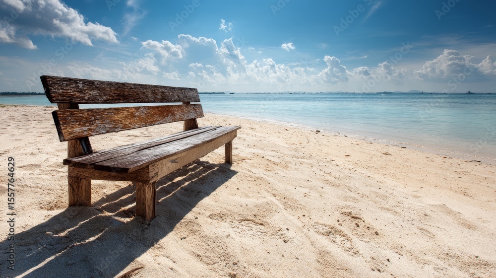Fototapeta premium Wooden bench on sandy beach shoreline