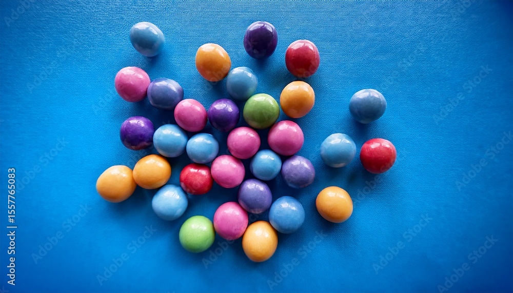Obraz premium a vibrant cluster of colorful spherical candies scattered on a bright blue surface