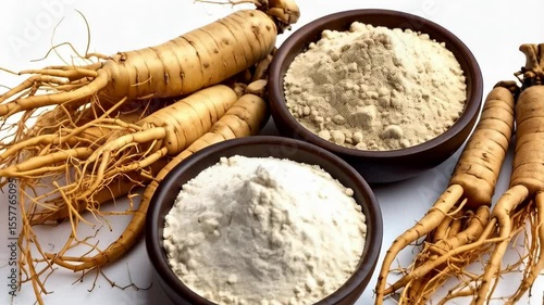 Arrangement of ginseng roots and ground ginseng powder in brown bowls against a white background.