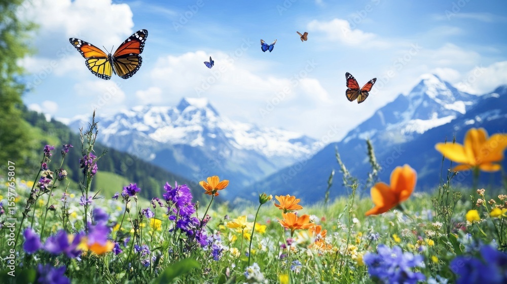 Colorful meadow with butterflies and mountains Colorful meadow with butterflies and mountains