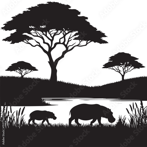 African Savannah Hippo Silhouette Vector Graphic Illustration Under Trees