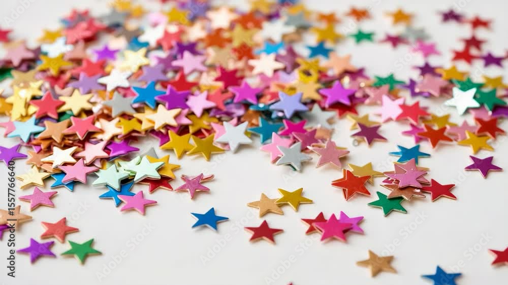 Multicolored star confetti scattered on white background. Great for celebration visuals, party decor, festive invitations, and holiday design projects. Multicolored star confetti scattered on white background. Great for celebration visuals, party decor, festive invitations, and holiday design projects.