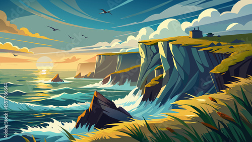 Wild sea crashing against dramatic cliffs, grass ripples in the wind. Pale afternoon sun softens the rugged terrain, birds circle above the ocean’s endless horizon.

