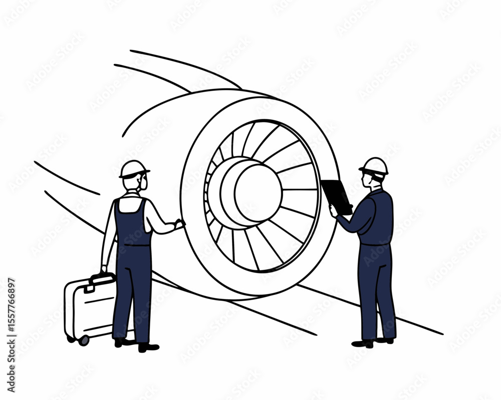 Obraz premium Aviation engineers inspecting a jet engine vector illustration depicting maintenance and airplane servicing activities