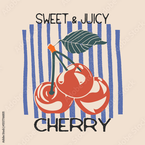 Cherry fruit print. Cherry slogan typography text. fashion graphic prints for cherries fruit, graffiti text print design. Fruit vintage t-shirt design, summer t-shirt design, women's t-shirt
