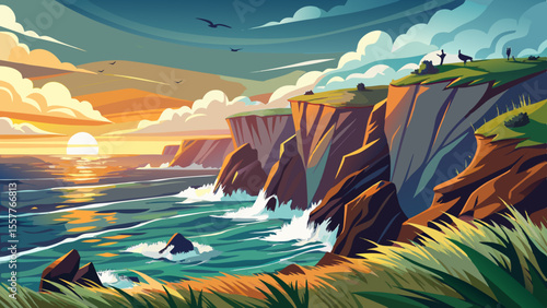 Wild sea crashing against dramatic cliffs, grass ripples in the wind. Pale afternoon sun softens the rugged terrain, birds circle above the ocean’s endless horizon.

