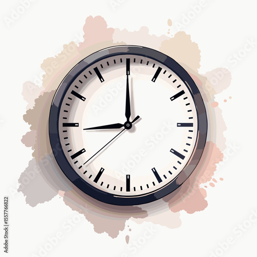 Modern wall clock with black frame and watercolor background  