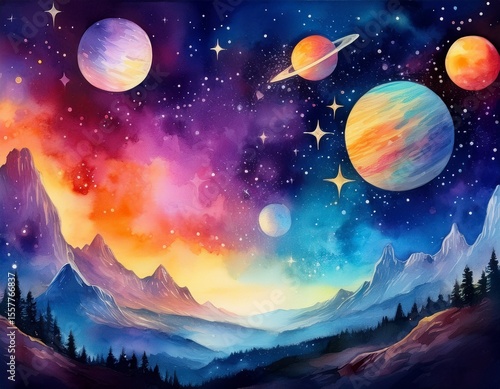 a vibrant watercolor painting of planets and stars in a dreamy cosmic landscape perfect for space enthusiasts