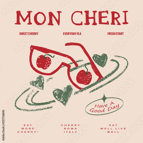 Cherry slogan typography text, Organic food artwork for a t-shirt. Lettering cherry retro Fruit vintage t-shirt design. Cherry time.  Summer print. Sweet and juicy artwork, Organic food artwork