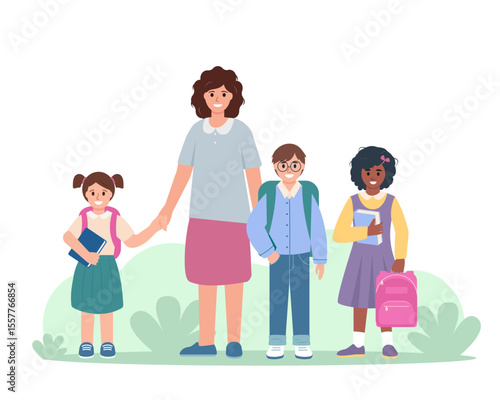 Elementary school or Kindergarten Teacher and children group with books and bags. Smiling pupils children, elementary or preschool kids with schoolmaster on white background. Vector illustration.