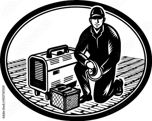 Welding worker wearing a hat and kneeling by the electrical welding machine equipment within an oval shape illustration
