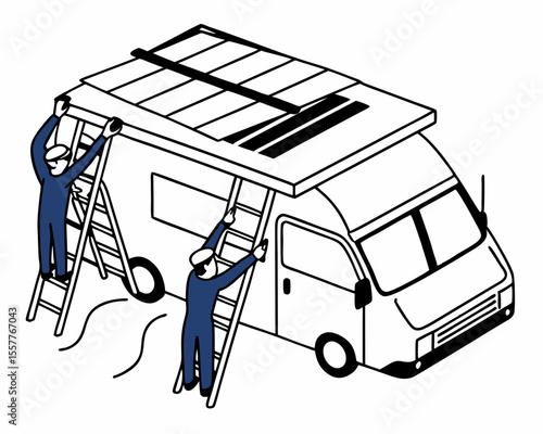 Workers installing solar panels on a campervan roof outline vector illustration design concept against white background