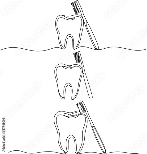 Tooth and Toothbrush Line Art Set, Minimalist Dental Hygiene Illustration.