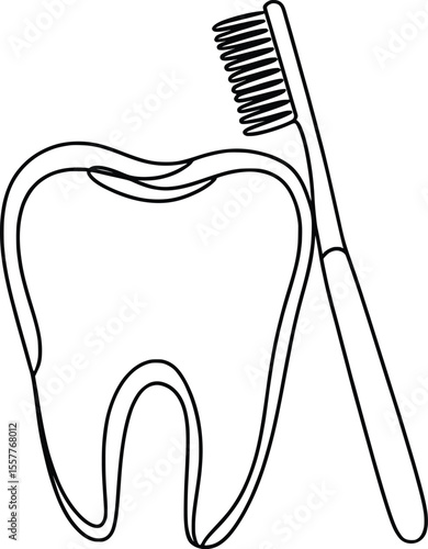 Tooth and Toothbrush Line Art, Minimalist Dental Hygiene Illustration.
