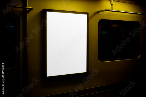 Illuminated Blank Advertisement Display Mockup in Dark Train Interior