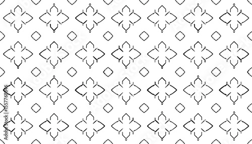 Abstract black and white geometric pattern with stylized floral motifs and diamond shapes in a repeating seamless design