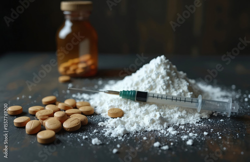 Composition narcotics, syringe, pills. Substance abuse concept. Danger, medicine addiction. Healthcare crisis, pharmaceutical industry. Overdose, addiction treatment, drug epidemic, opiate crisis,