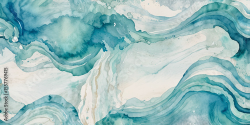 Blue ocean wave background. Blue and white water ocean background. Wavy line background. Hand drawn watercolour ocean background. Vector illustration.	