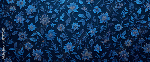 abstract dark royal blue gradient minimalist floral theme seamless dense pattern flowers in dark blue background, dark and light playing in harmony, golden touch on the edges of the petals,majestic, 