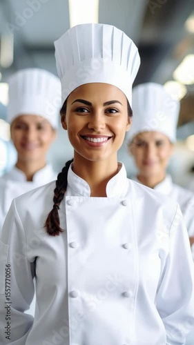 Team of female chefs in white uniforms standing in professional kitchen. Smiling cooks with braided hair, wearing traditional hats and chef coats.