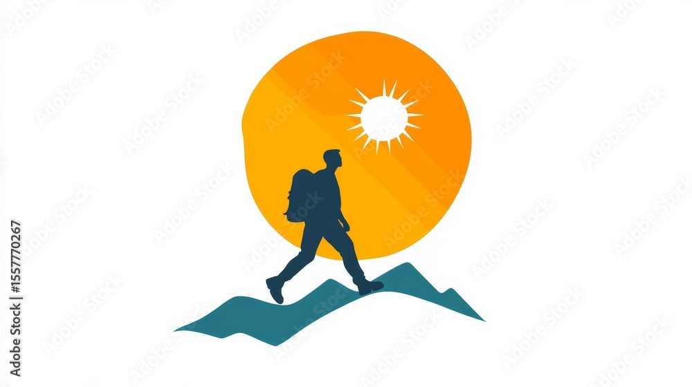 Obraz premium Hiking icon. Walking. Public footpath. Trail. stock illustration Icon Symbol, Hiking, Walking, A vibrant illustration showing a hiker silhouette against a sunset, walking on mountain peaks, perfect