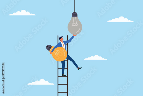 Vector illustration of a businessman climbing a ladder to replace a dim light bulb with a bright one, symbolizing innovation, progress, and the power of fresh ideas in business
