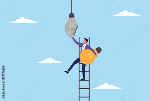 Vector illustration of a businessman climbing a ladder to replace a broken, dull light bulb with a bright one, symbolizing renewal, innovation, and fresh ideas in business
