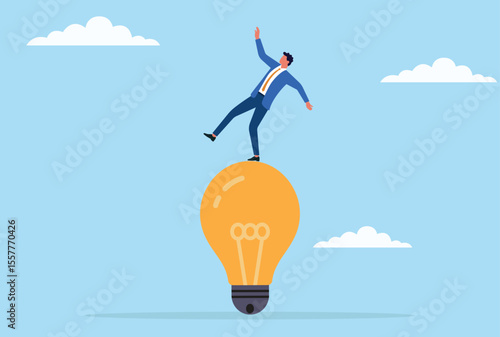 Vector illustration of a businessman struggling to maintain balance while standing on a giant light bulb, symbolizing the challenges of sustaining ideas and innovation in business
