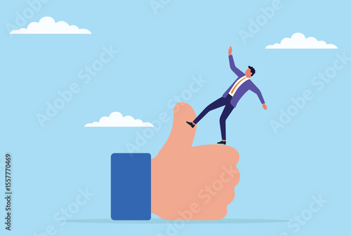 Vector illustration of a businessman struggling to maintain balance while standing on a giant thumbs up sign, symbolizing the challenges of sustaining approval and success
