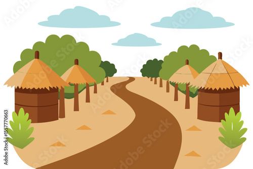 African Village Illustration with Thatched Huts, Trees, Sky, and a Winding Road