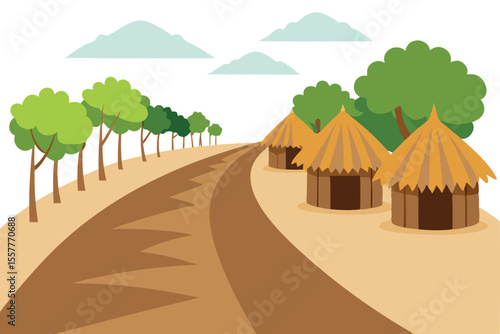 African Village with Thatched Huts, Dirt Road, Trees, and Cloudy Sky Landscape