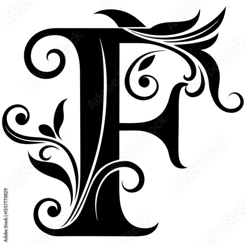 Stylized letter 'F' with decorative elements and strokes, isolated vector image on transparent background