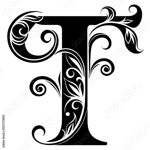 Decorative stylized letter T with floral elements and strokes, isolated vector image on transparent background  