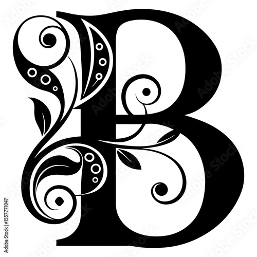 Decorative letter 'B' with intricate floral elements and strokes, isolated vector image on transparent background  