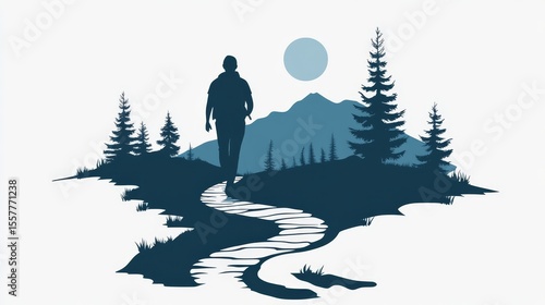Hiking icon. Walking. Public footpath. Trail. stock illustration Icon Symbol, Hiking, Walking, A vibrant illustration showing a hiker silhouette against a sunset, walking on mountain peaks, perfect