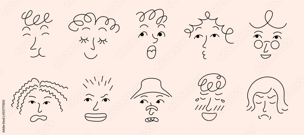 Fototapeta premium linear doodle faces set in vector. Elements for avatar sticker poster print mascot design character postcard