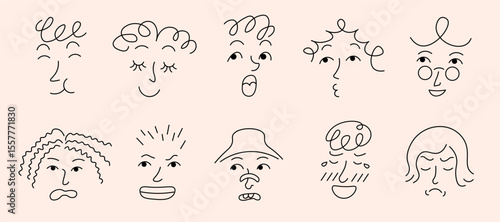 linear doodle faces set in vector. Elements for avatar sticker poster print mascot design character postcard