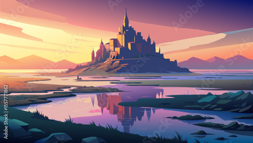 Medieval abbey rises from misty tidal flats. Layers of stone glowing under pastel sky, light reflecting from shallow water, timeless island silhouette against a fading sun.

