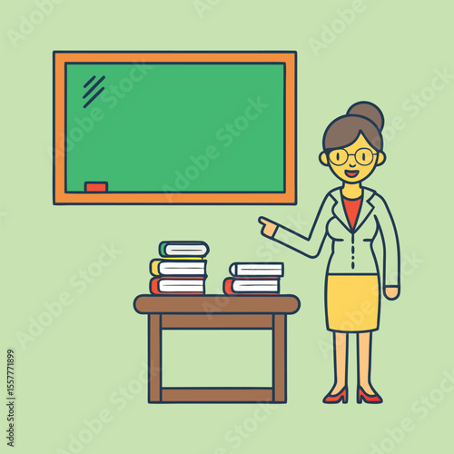 Cartoon Teacher in Classroom with Chalkboard and Books Educational Concept Illustration for Teaching Learning and School Related Projects and Designs