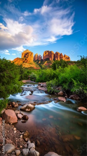 Picturesque landscape featuring a flowing river, lush greenery, and red rock formations under a vibrant blue sky with clouds.
